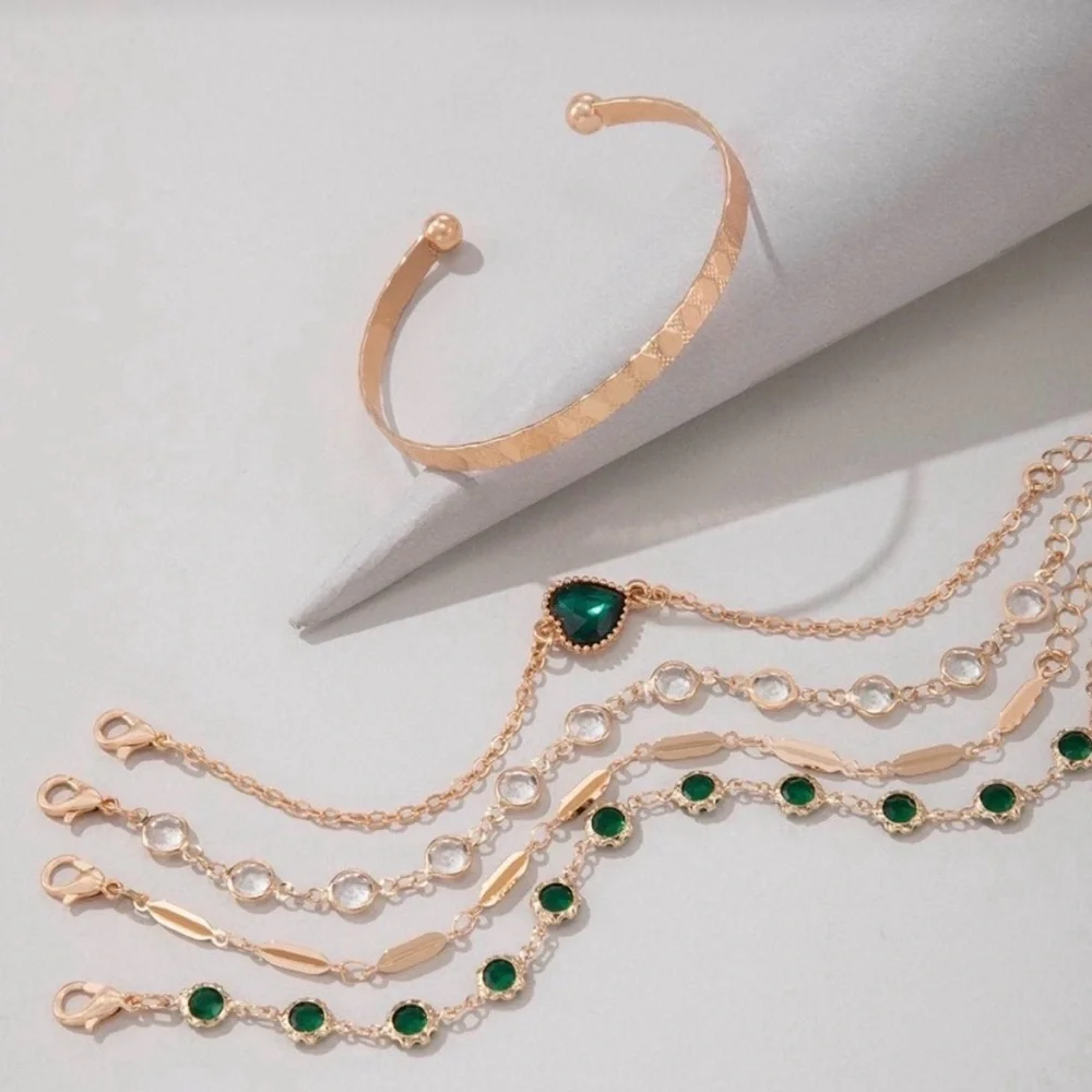 Gold and Emerald Multi-Layer Bracelet Set - Elegant Women's Jewelry